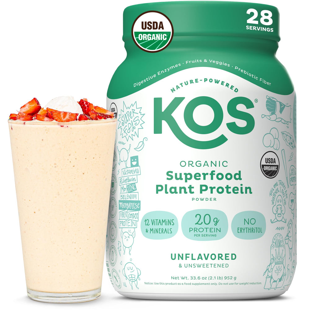 KOS envase frontal que muestra producto vegano y sin sabor, ideal para dietas limpias