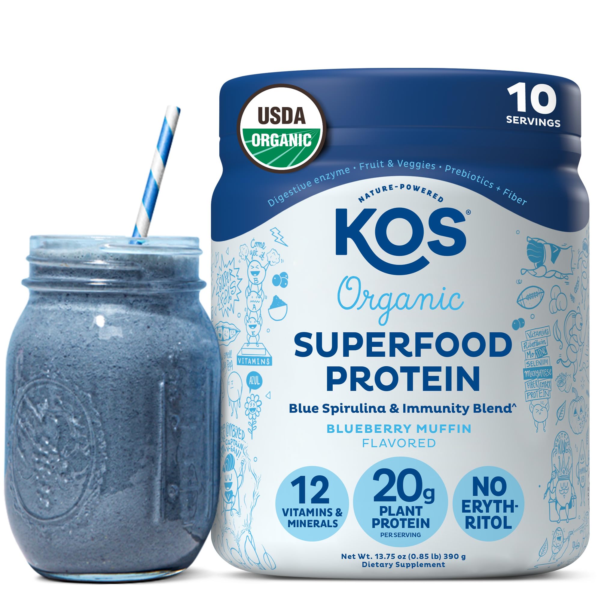 KOS frente del envase mostrando sabor blueberry muffin y beneficios