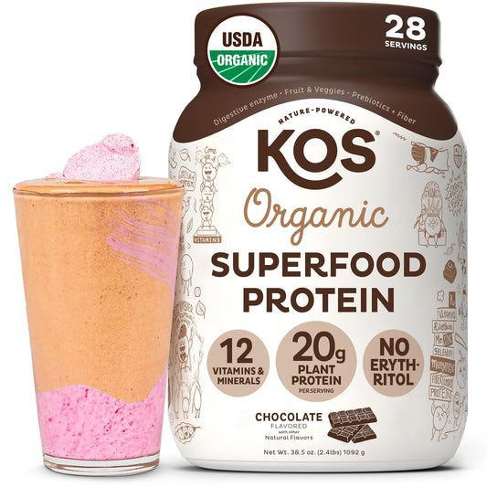 KOS envase frontal mostrando sabor chocolate y beneficios claros