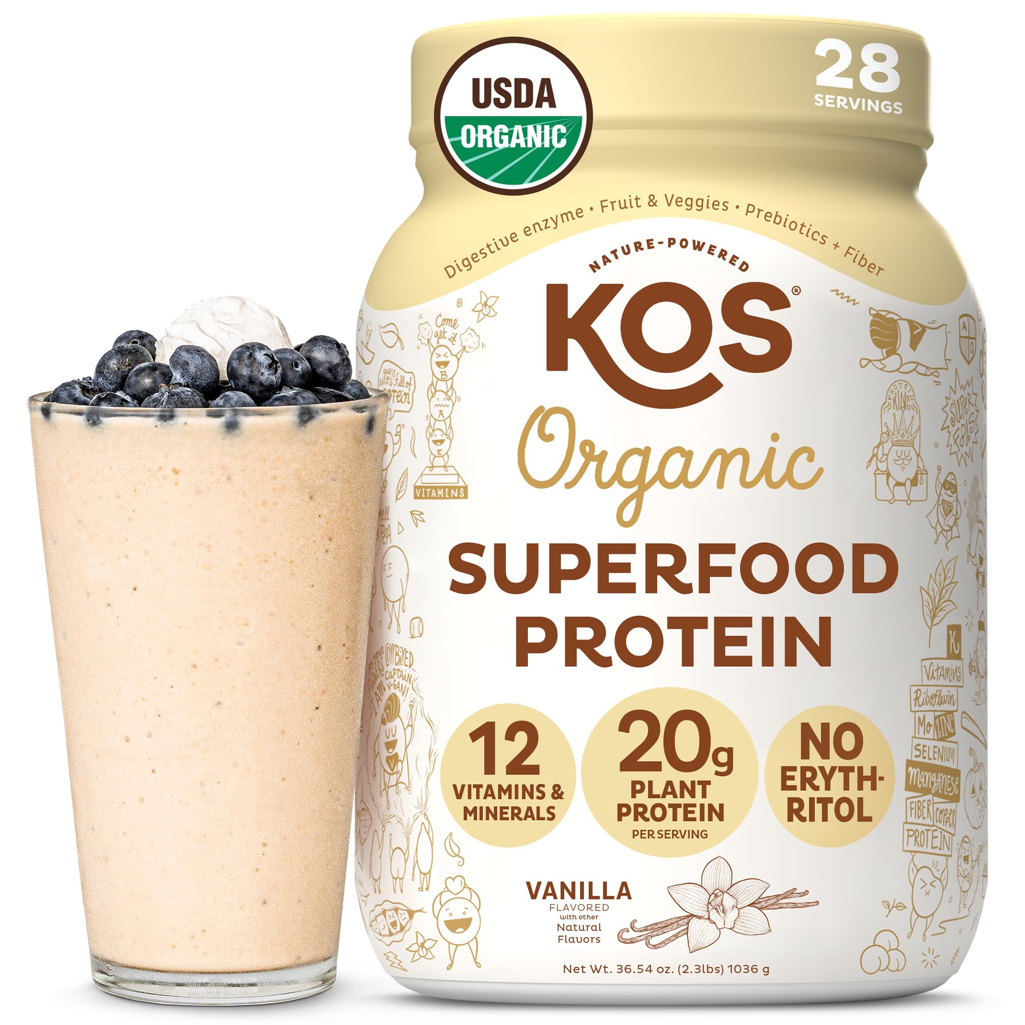 KOS frente del empaque mostrando que es proteína vegana orgánica y conveniente