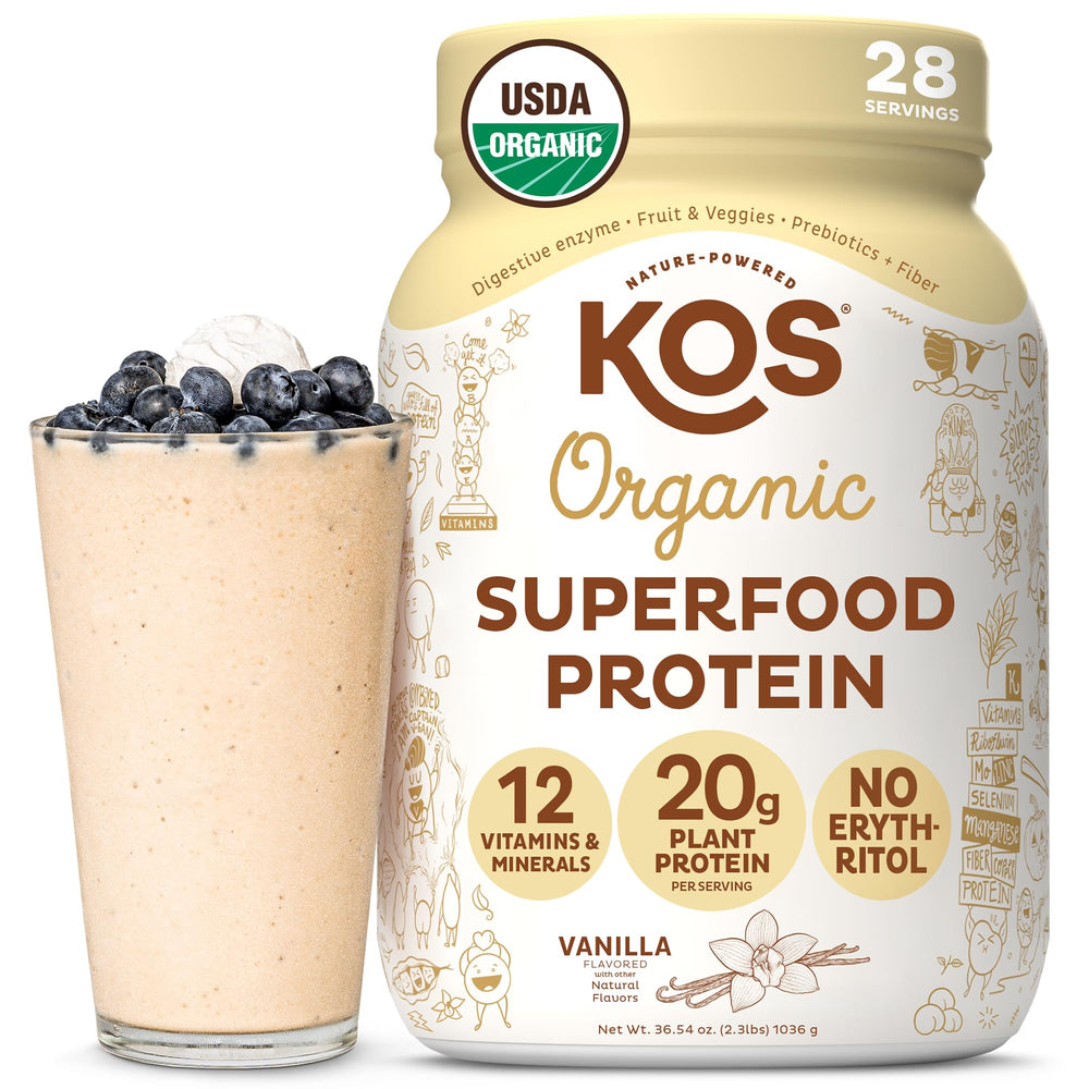 KOS frente del empaque mostrando que es proteína vegana orgánica y conveniente