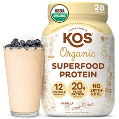 KOS frente del empaque mostrando que es proteína vegana orgánica y conveniente
