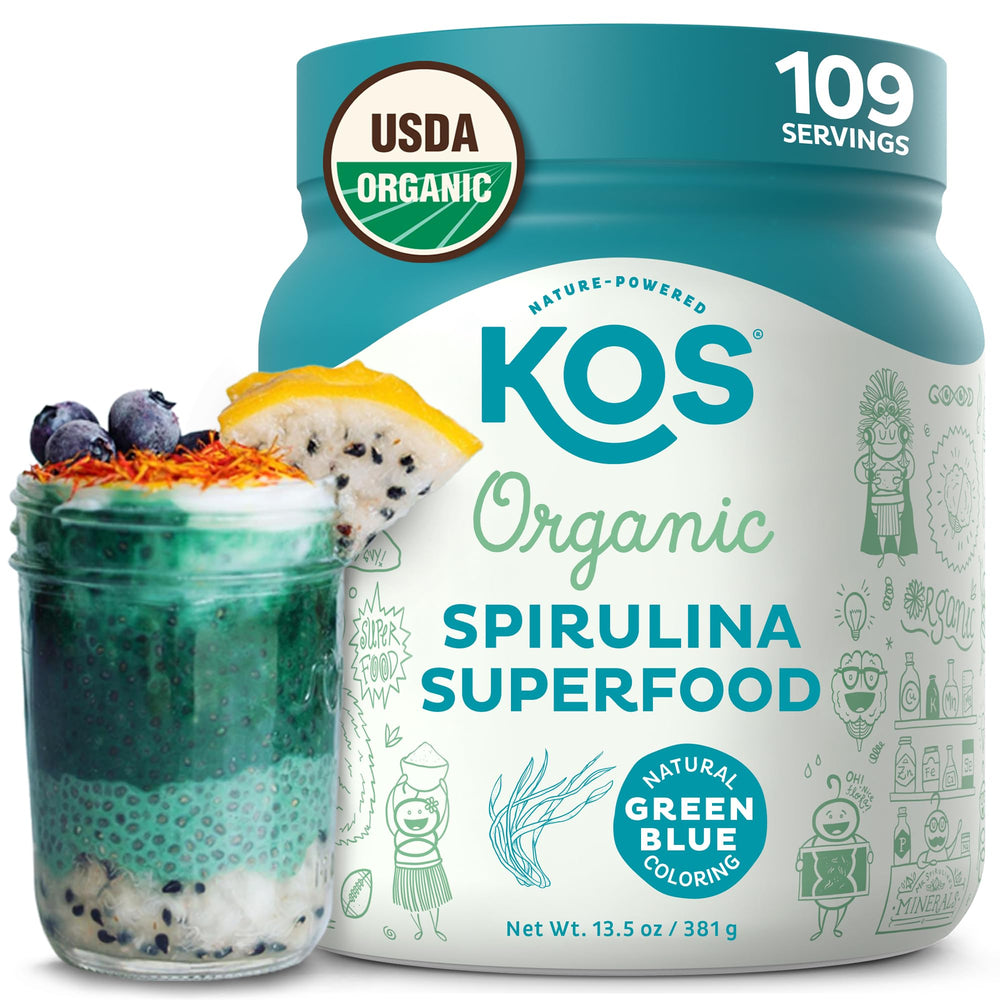 KOS envase frontal de spirulina orgánica mostrando marca y tamaño práctico