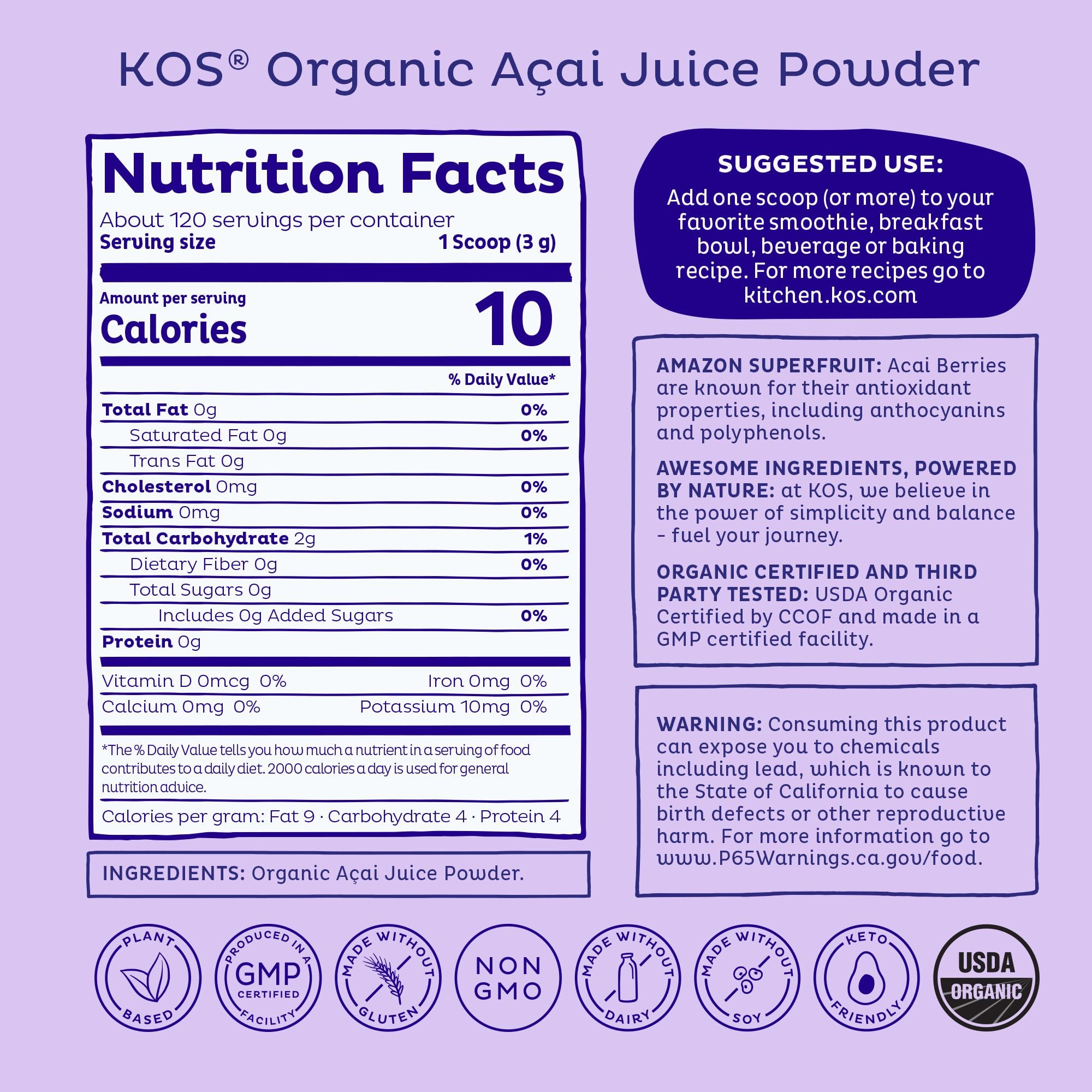 KOS polvo de açaí en primer plano con textura fina y color intenso