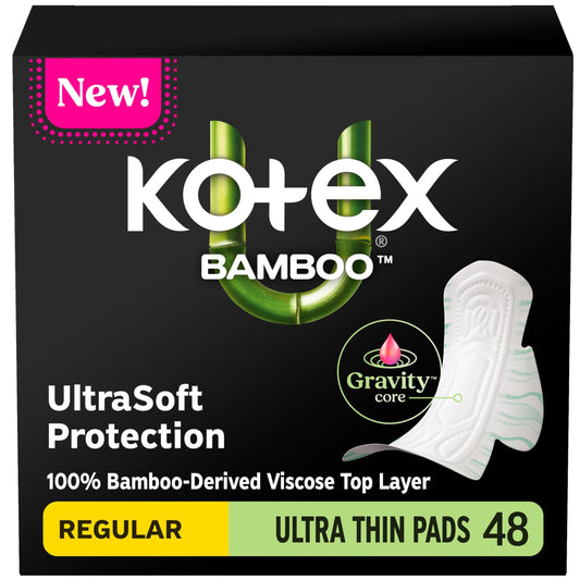 Kotex vista frontal del empaque mostrando 48 unidades y beneficios