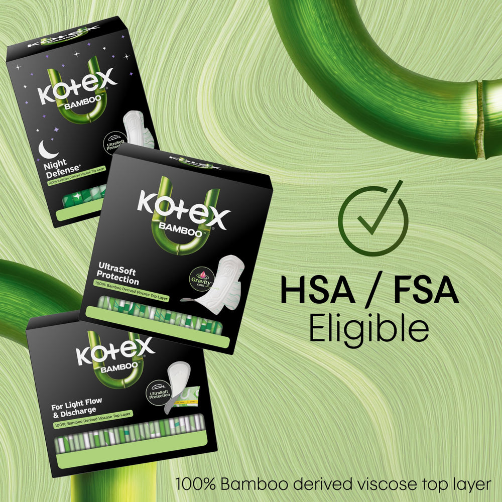 Kotex etiqueta con ingredientes y elegibilidad FSA/HSA/HRA visible