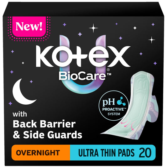 Kotex BioCare empaque frontal mostrando 20 unidades y beneficios nocturnos