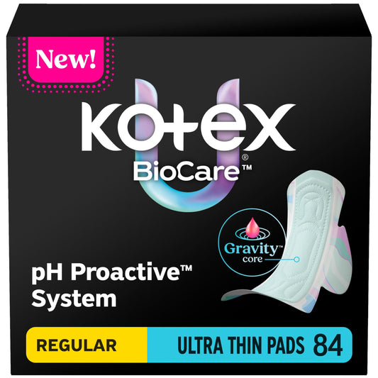 Kotex BioCare frente del paquete mostrando cantidad y diseño, conveniencia visible