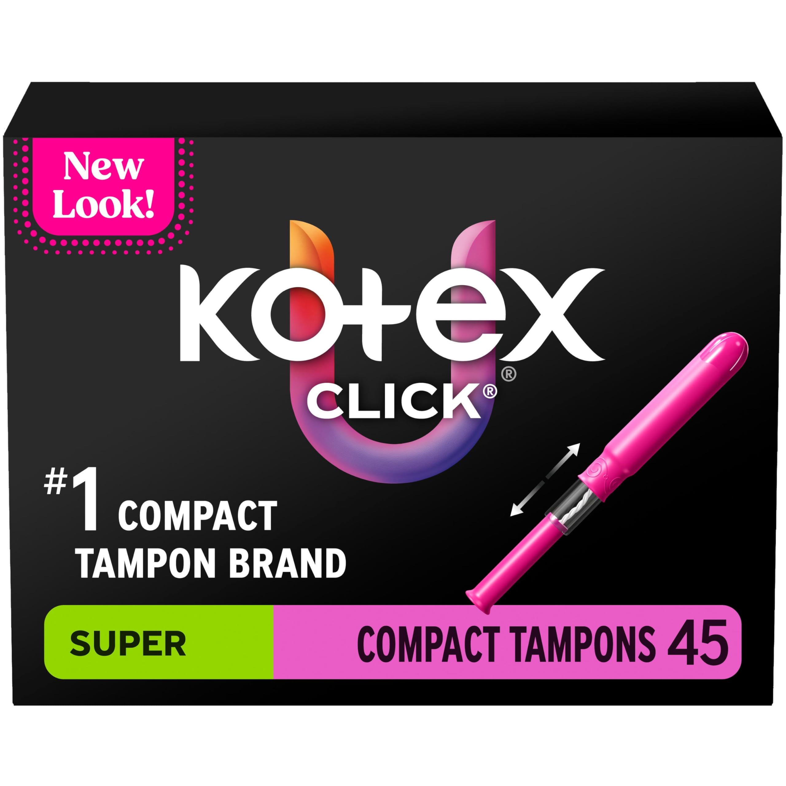 Kotex Click empaque frontal mostrando 45 tampones, fácil transporte