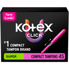 Kotex Click empaque frontal mostrando 45 tampones, fácil transporte