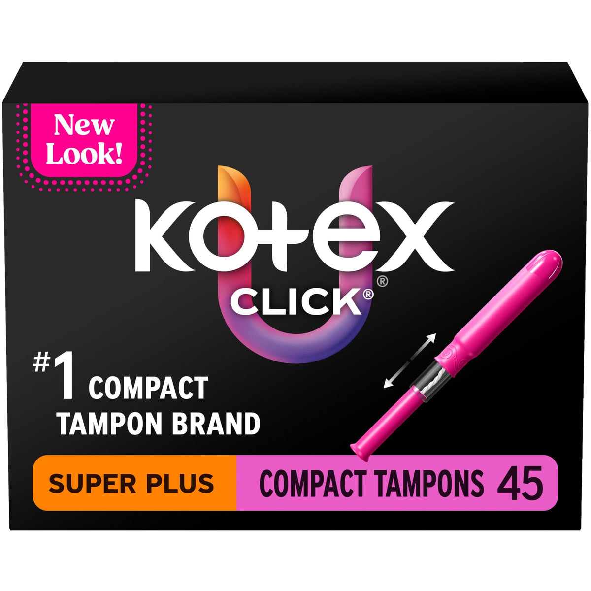 Kotex empaque frontal mostrando 45 tampones compacto y beneficio de discreción