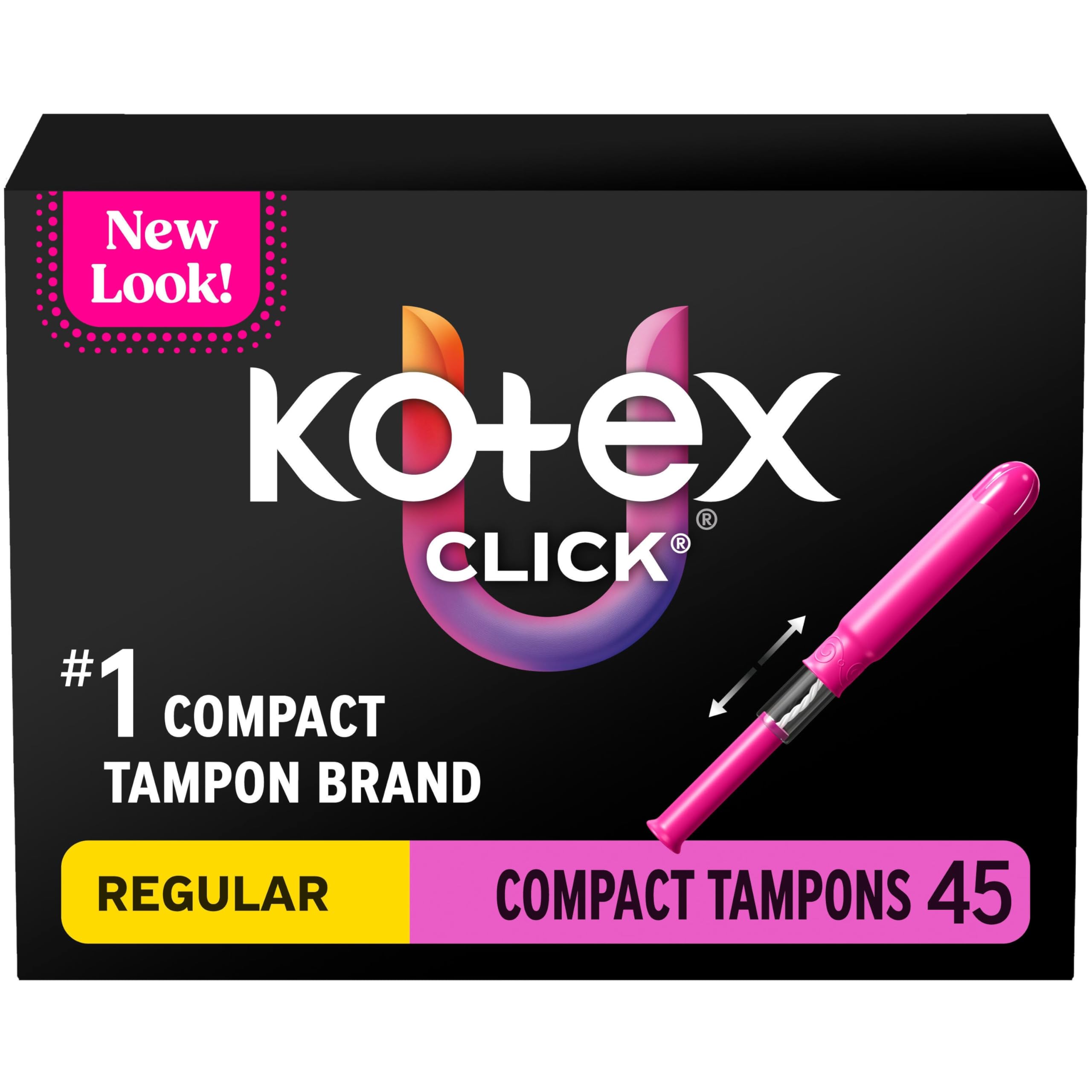 Kotex empaque frontal compacto mostrando 45 tampones, práctico y discreto