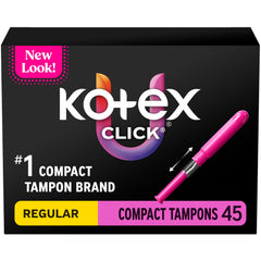 Kotex empaque frontal compacto mostrando 45 tampones, práctico y discreto