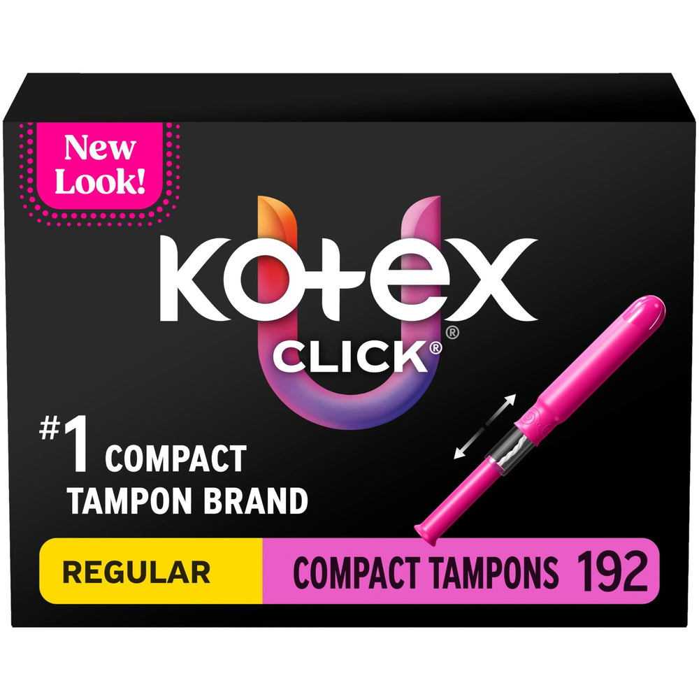 Kotex tampón Click compacto frente del empaque mostrando cantidad y formato