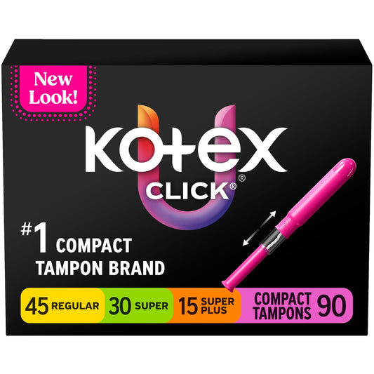 Kotex Click paquete frontal mostrando 90 tampones y portabilidad