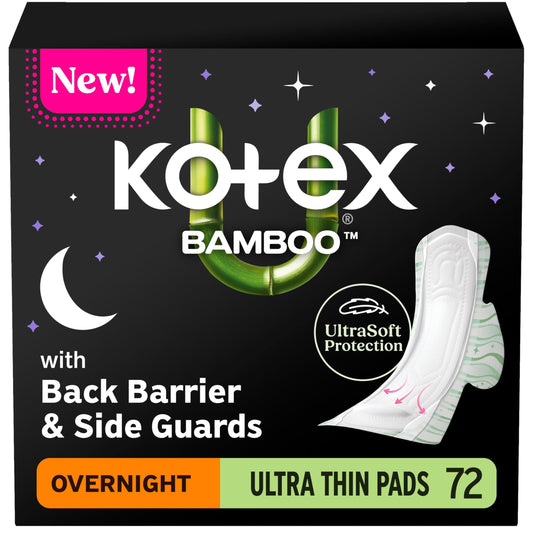 Kotex empaque frontal Bamboo Overnight mostrando cantidad y beneficio antipérdidas