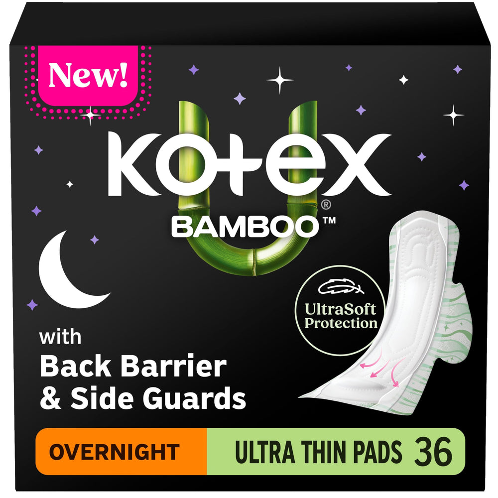 Kotex empaque frontal Bamboo Ultra Thin muestra protección nocturna y beneficios