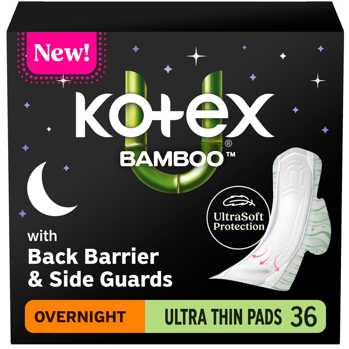 Kotex empaque frontal Bamboo Ultra Thin muestra protección nocturna y beneficios