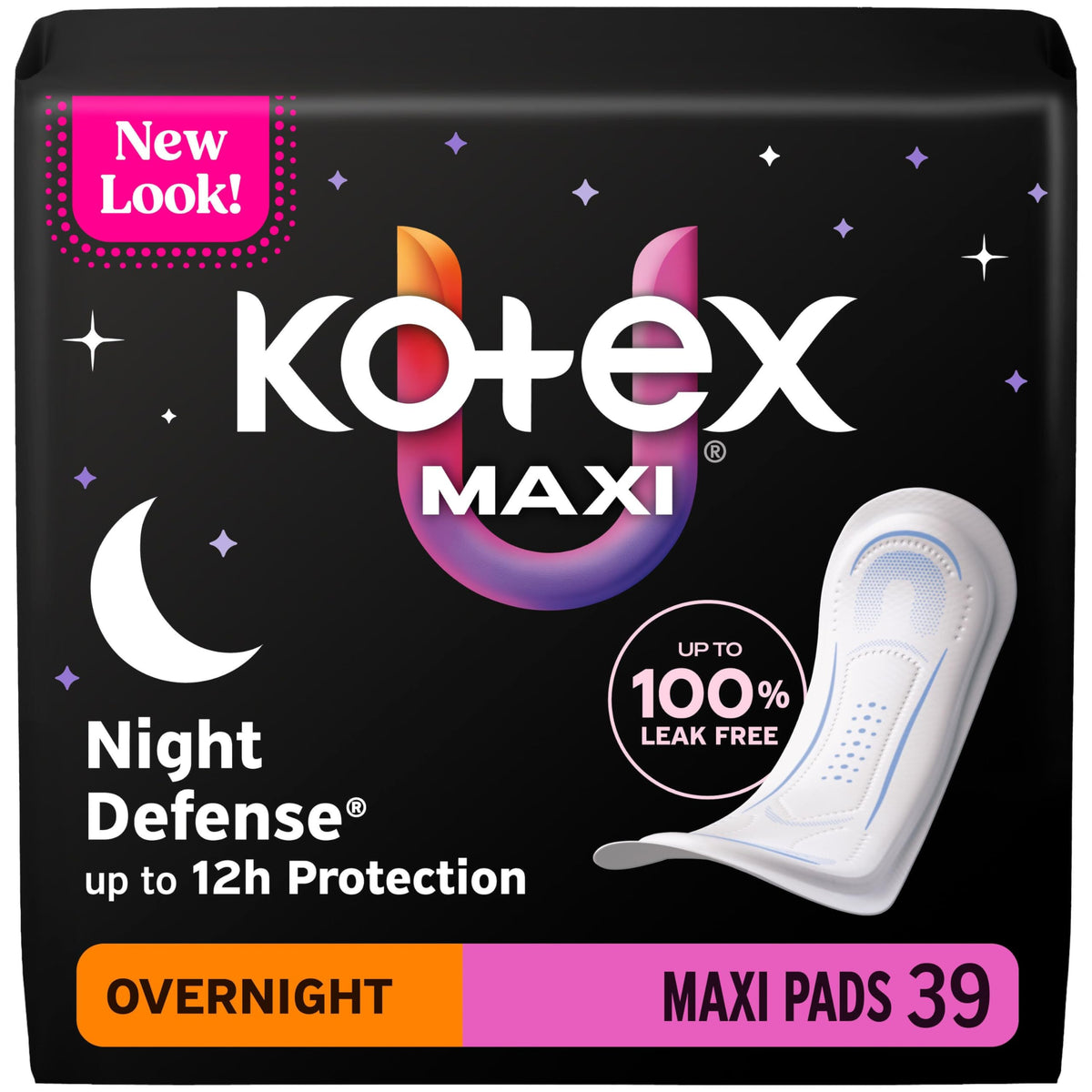 Kotex empaque frontal nocturno mostrando conteo y beneficio de 12 horas