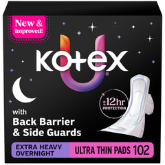Kotex empaque frontal de Ultra Thin Overnight 102 unidades mostrando cantidad y diseño, protección confiable