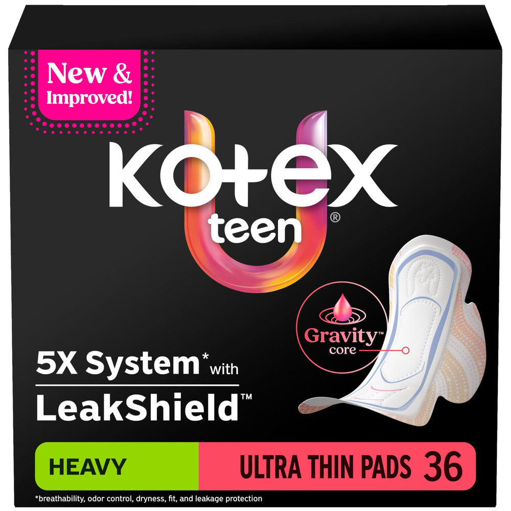 Kotex empaque frontal Teen Ultra Thin mostrando protección confiable