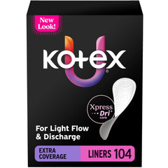 Kotex empaque frontal mostrando 104 protectores, protección discreta inmediata
