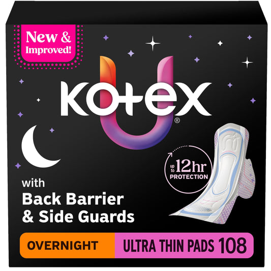 Kotex frente del empaque mostrando 108 unidades y beneficios