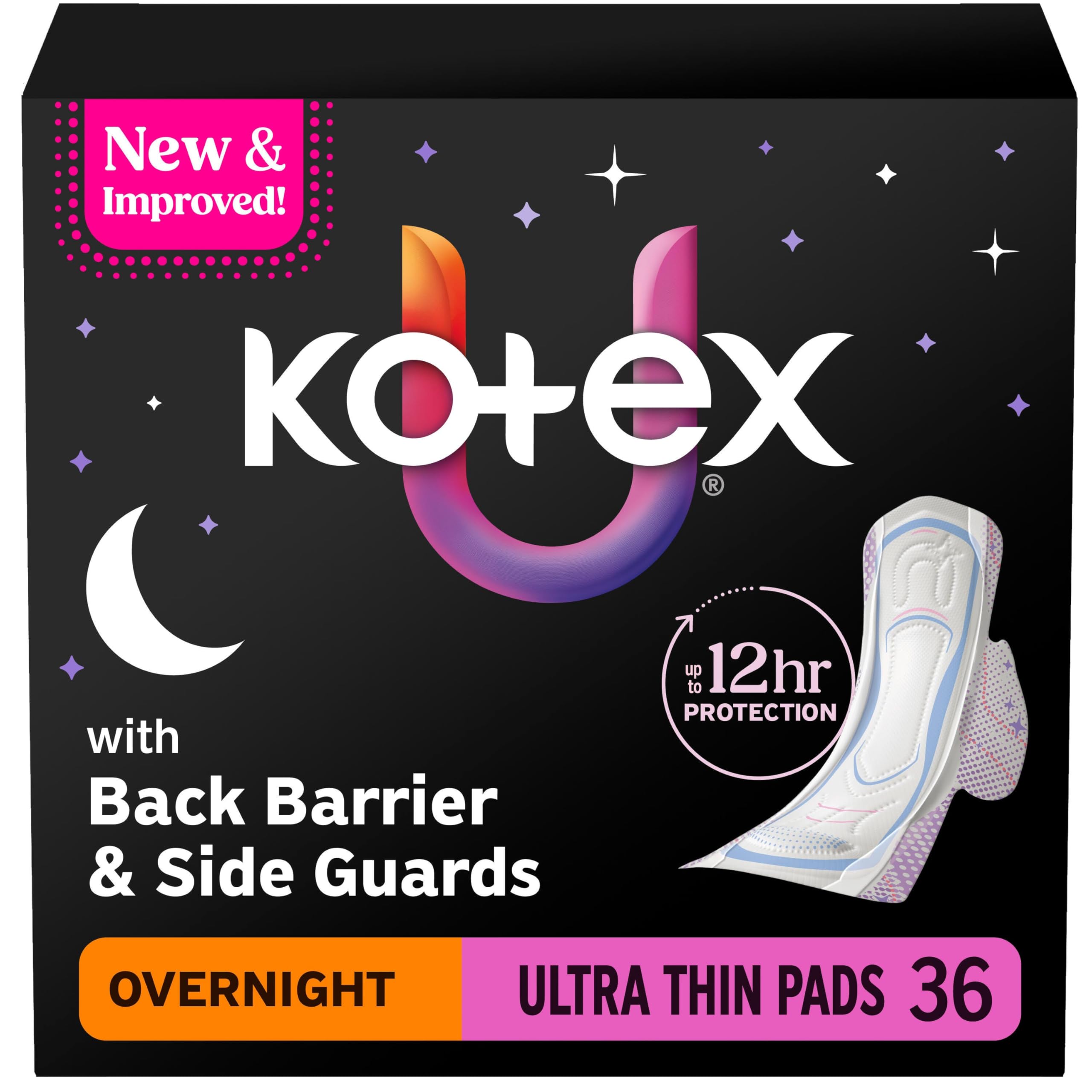 Kotex empaque frontal de 36 unidades mostrando protección nocturna y conveniencia
