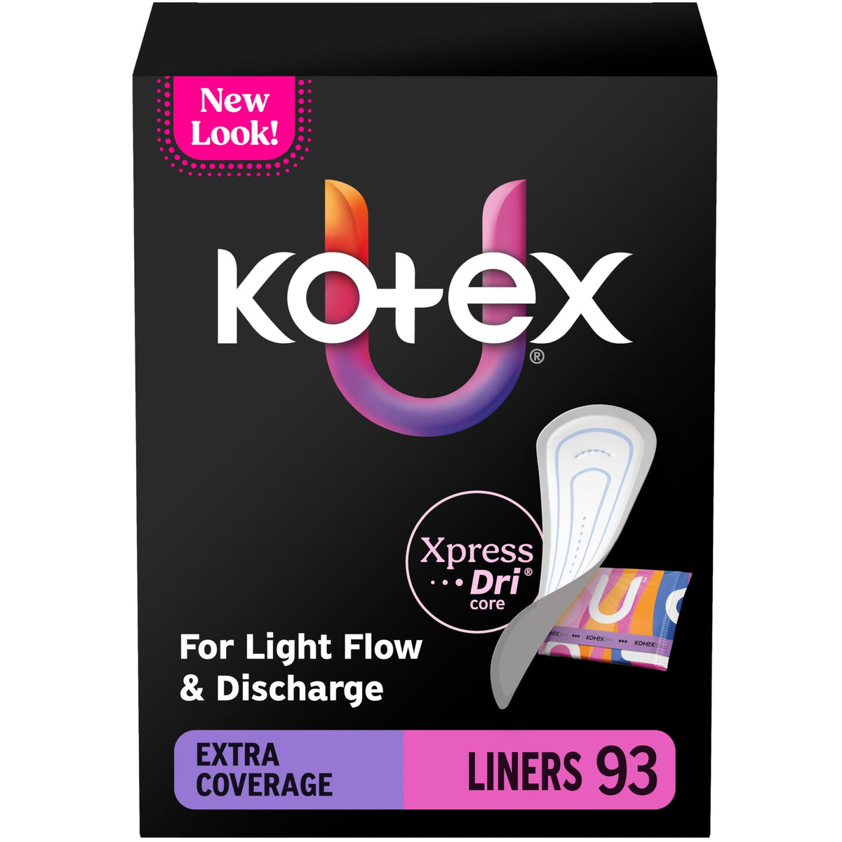 Kotex empaque frontal mostrando 93 unidades y beneficio de suministro prolongado