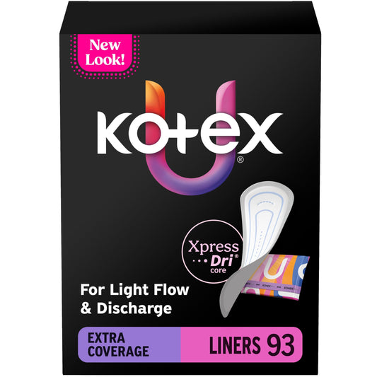 Kotex empaque frontal mostrando 93 unidades y beneficio de suministro prolongado