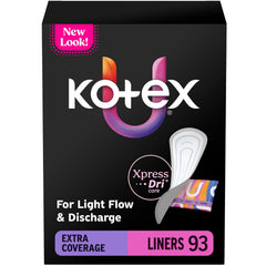 Kotex empaque frontal mostrando 93 unidades y beneficio de suministro prolongado