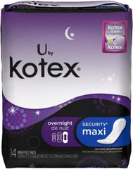 Kotex vista frontal del empaque con 2 paquetes y 28 toallas, seguridad nocturna