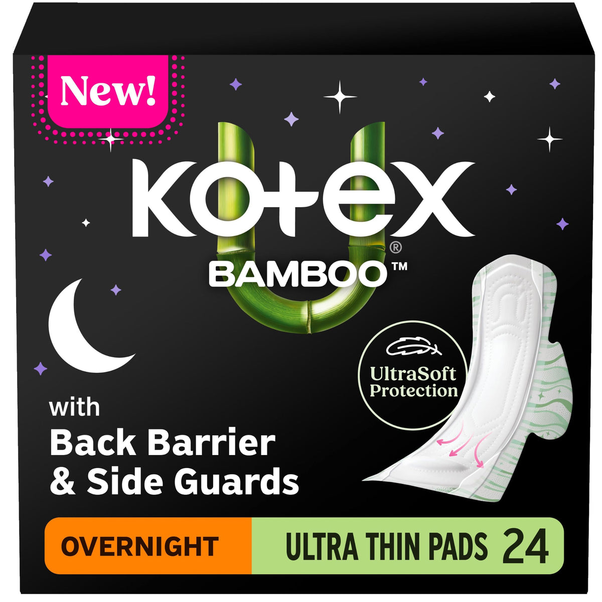 Kotex paquete frontal mostrando 24 unidades y detalles del bambú, comodidad nocturna