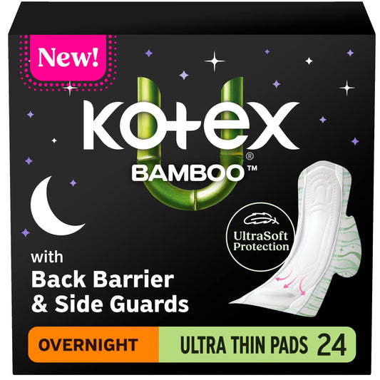 Kotex paquete frontal mostrando 24 unidades y detalles del bambú, comodidad nocturna