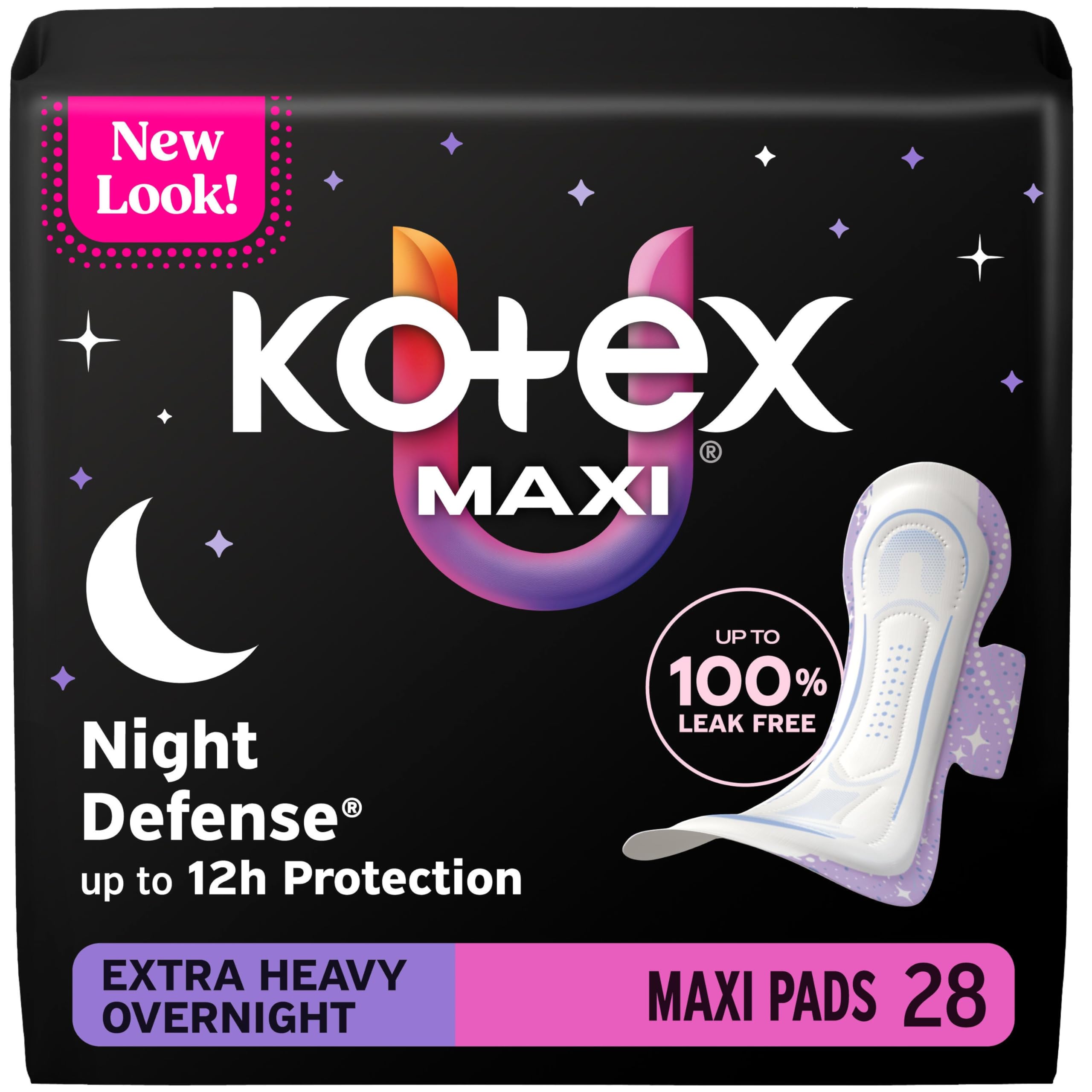 Kotex empaque frontal Overnight Maxi 28 muestra cobertura y cantidad