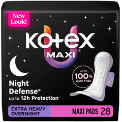 Kotex empaque frontal Overnight Maxi 28 muestra cobertura y cantidad