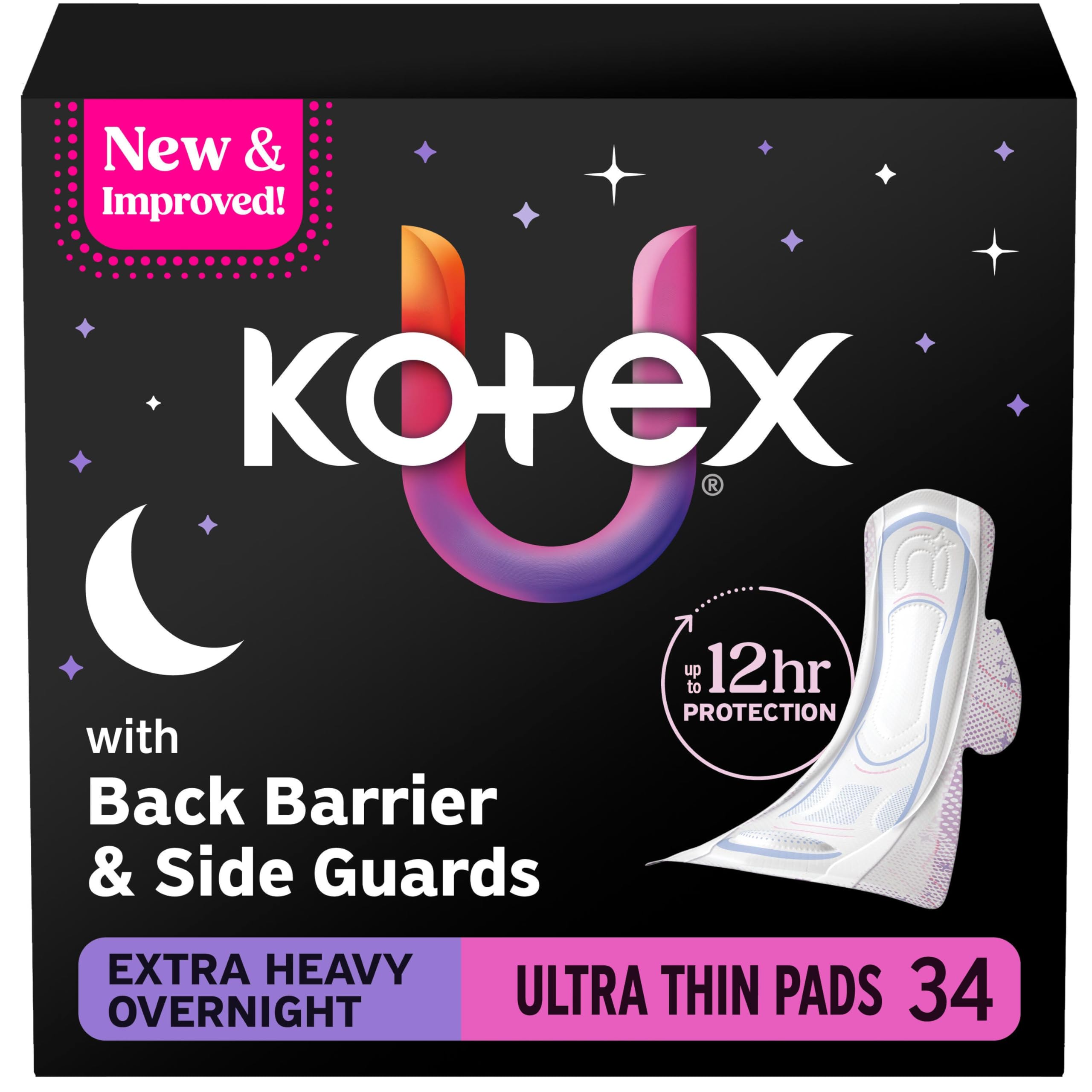 Kotex compresas Ultra Thin Overnight empaque frontal mostrando cantidad y protección