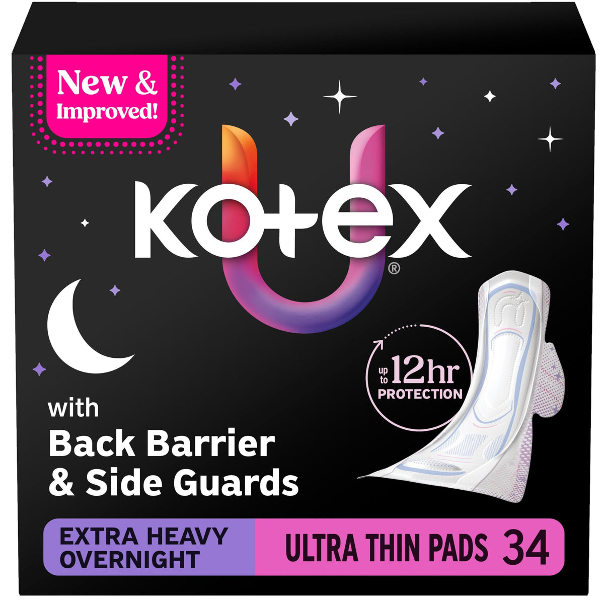 Kotex compresas Ultra Thin Overnight empaque frontal mostrando cantidad y protección