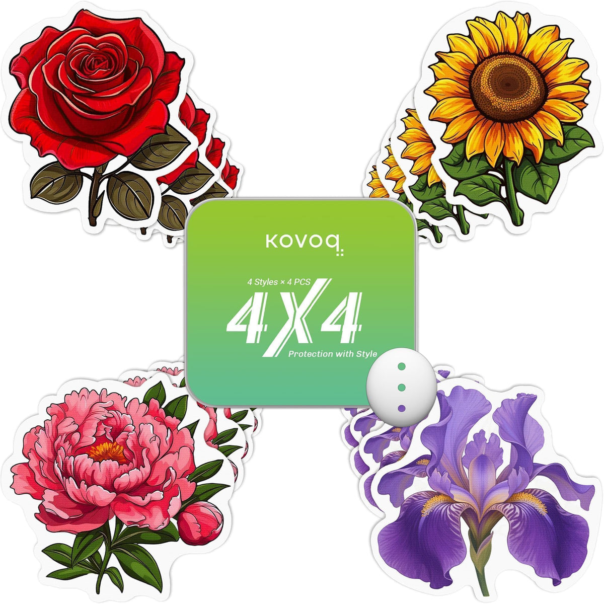 KOVOQ frontal del paquete floral mostrando variedad y protección