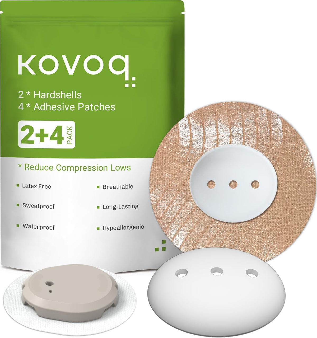 KOVOQ protector frontal mostrando ajuste preciso para Dexcom G7 y beneficio anticompression