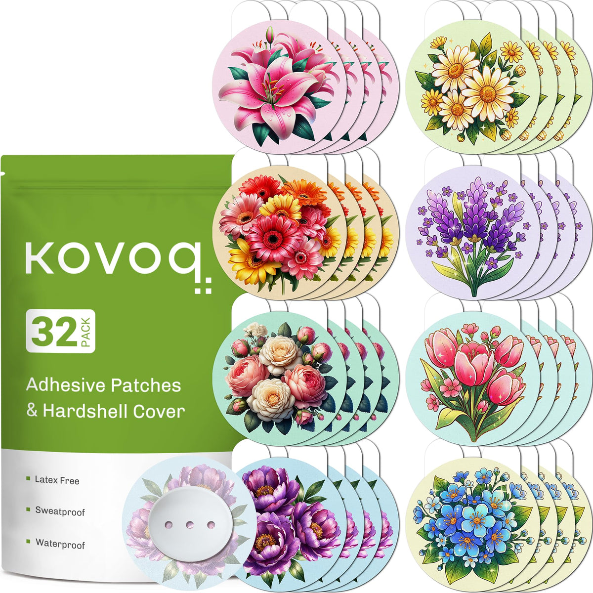 KOVOQ envase frontal mostrando pack de 32 parches y beneficio de protección