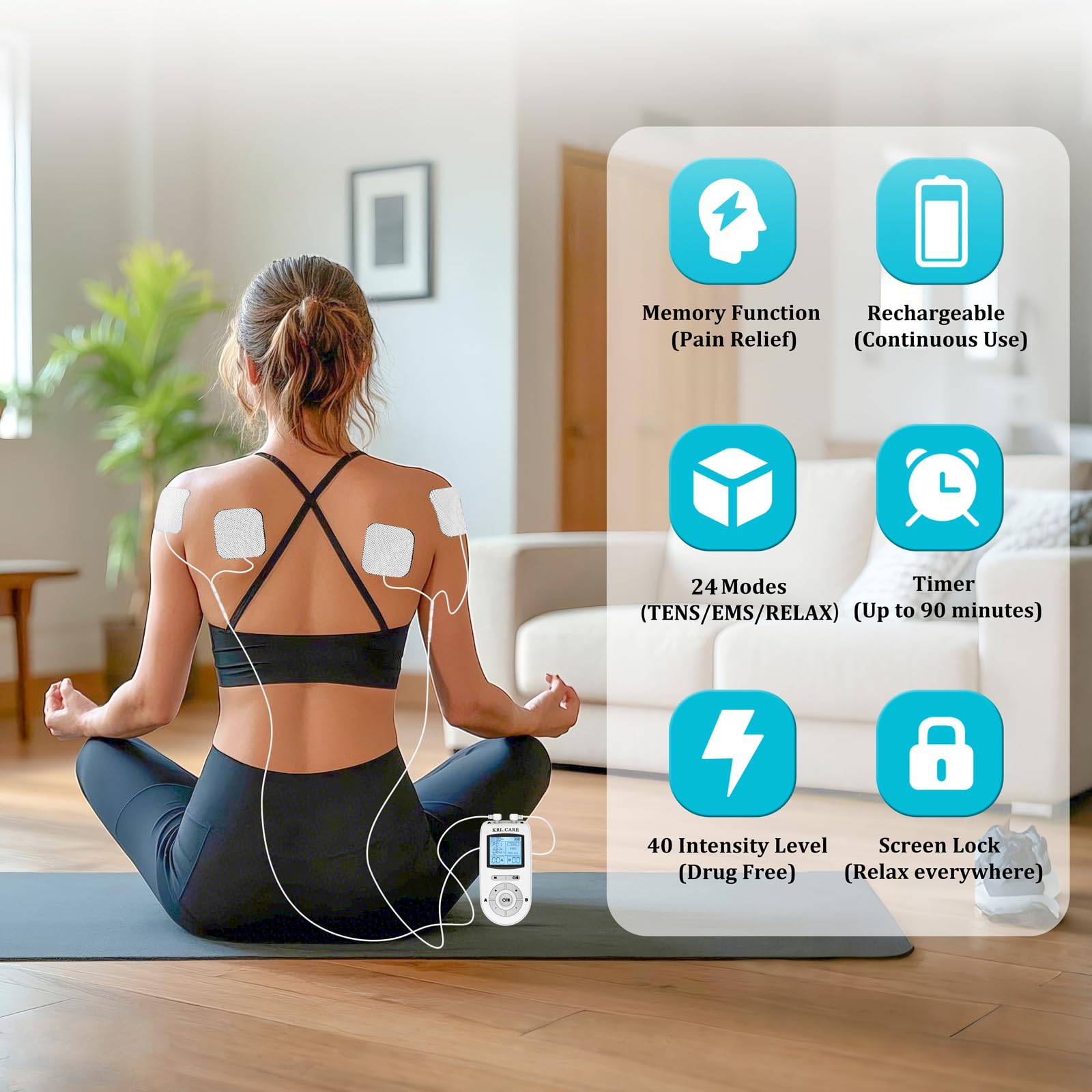 KRL.CARE primer plano de botones y pantalla, control preciso de modos e intensidad