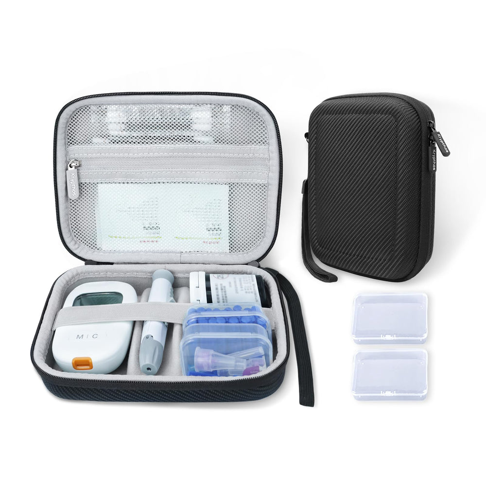 Krypthos estuche vista frontal negro protege glucómetro y suministros