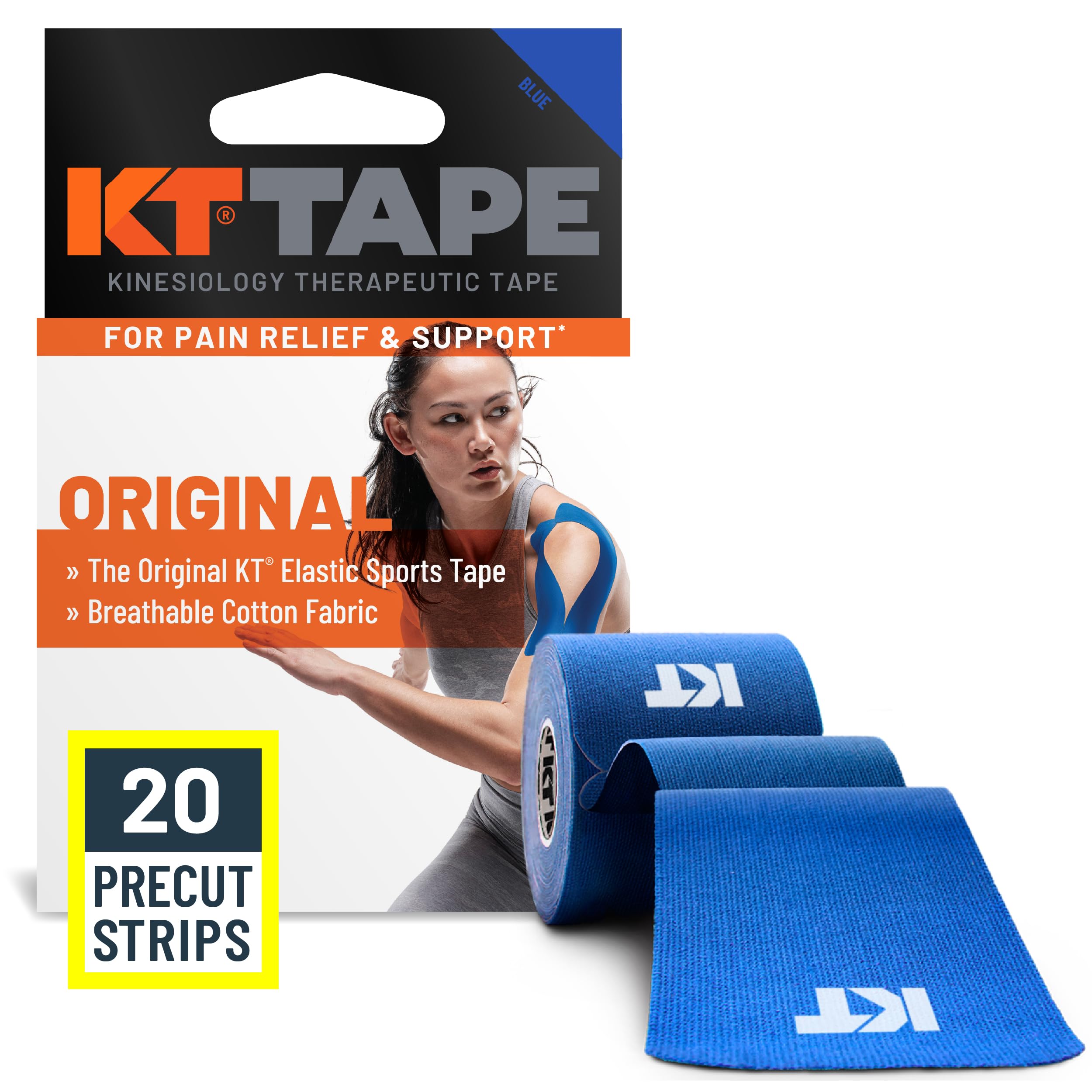 KT Tape empaque frontal azul mostrando 20 tiras, soporte listo