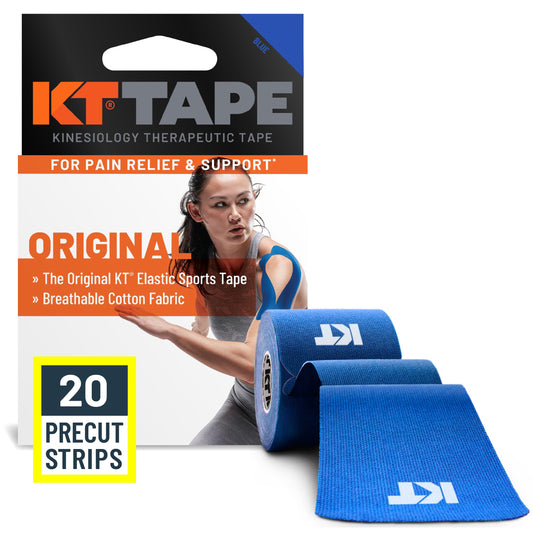 KT Tape empaque frontal azul mostrando 20 tiras, soporte listo