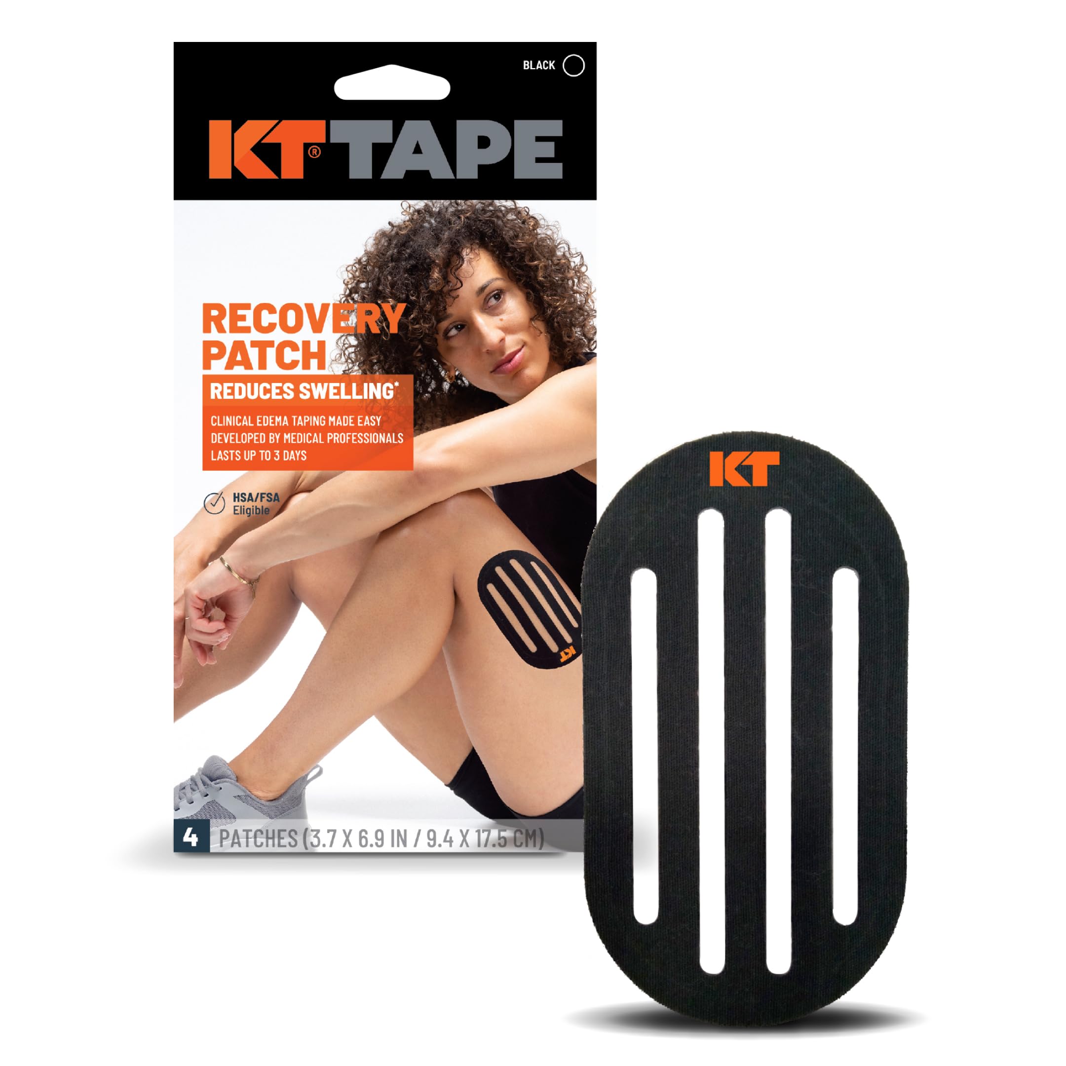 KT Tape empaque frontal mostrando parches precortados y beneficios