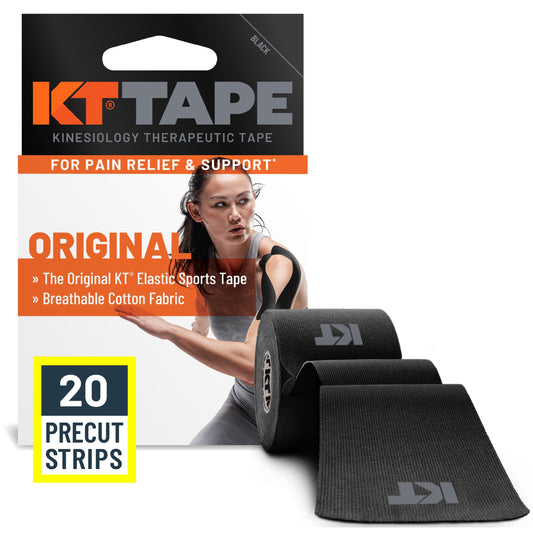 KT Tape empaque frontal negro mostrando 20 tiras para soporte diario