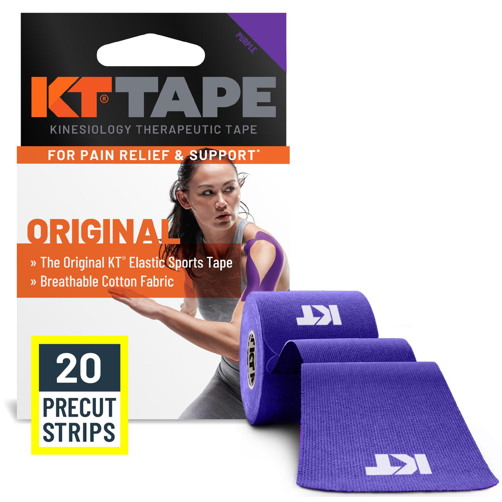 KT Tape frontal del paquete morado mostrando 20 tiras y beneficio soporte