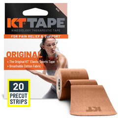 KT Tape empaque frontal beige mostrando 20 tiras, fácil de llevar