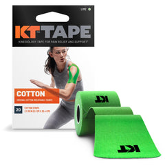 KT Tape paquete frontal color lima mostrando 20 tiras y beneficio de soporte duradero